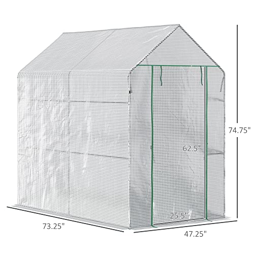 Outsunny 47.25\" x 73.25\" x 74.25\" Walk-in Greenhouse, Outdoor Portable Green House with 4 Shelves, Plant Flower Growing Warm House with Roll-up Door, White