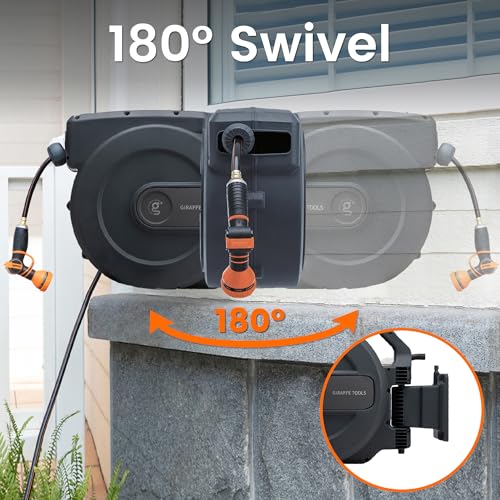Image of Giraffe Tools AW505 /8 Retractable Garden Hose Reel 5 /8 inch x 115+5 ft, Heavy Duty Wall Mounted Water Hose Reel Automatic Rewind, 180 Deg Swivel Bracket, Slow Retraction, 115ft, Dark Grey