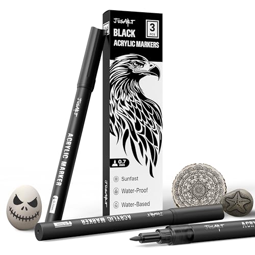 JusArt 3 Pack Black Acrylic Paint Markers 0.7mm Fine Point Acrylic Paint Pens for Rock Painting Art Projects Ceramic Glass Wood Metal Fabric DIY Crafts Ideal Black Paint Pen for Art Supplies