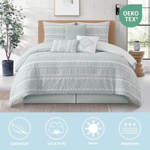 Image of LANCO MODERN LIFESTYLE 7 Piece King Comforter Set, Dusty Green, Elegant Jacquard with Patchwork, Stylish and Cozy Bedding Collection, Premium Bedding Set with Bedskirt, Shams and Pillows