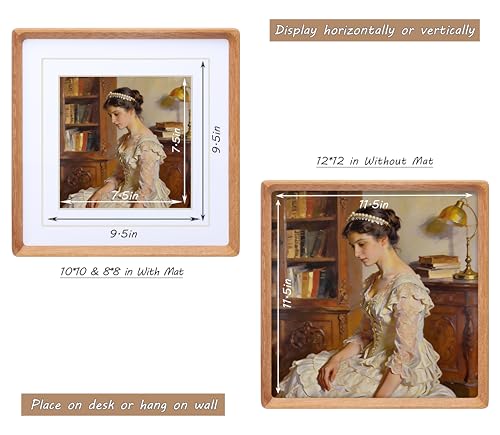 Image of Square 12x12 Picture Frame with Mat for 8x8 /10x10, USA-Sourced Natural Teak Wood Handcrafted Rounded Corner with Real Glass, Vertical or Horizontal Display Photo Gallery Wall Mounting Frame
