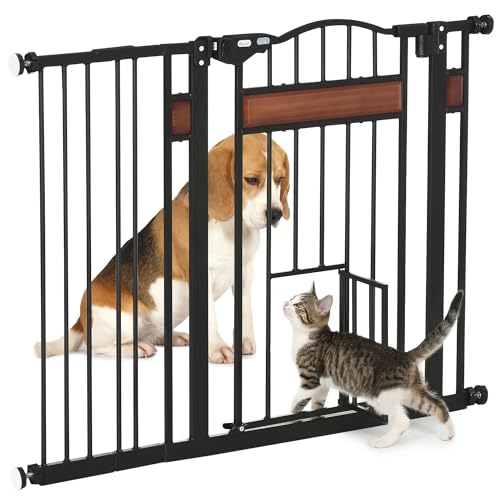 PawHut Cancelletto per Cani di Taglia Media e Piccola con Chiusura Automatica, Cancello per Cani in Acciaio, Legno di Pino e Plastica, 74-105x76.2 cm, Nero