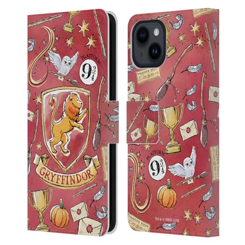 Head Case Designs Officially Licensed Harry Potter Gryffindor Pattern Deathly Hallows XIII Leather Book Wallet Case Cover Compatible with Apple iPhone 15