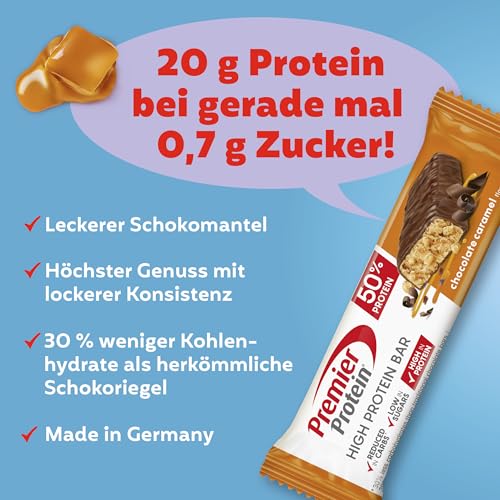 Premier Protein - High Protein Bar 50% - Chocolate Caramel - 16x40g - Low Sugar - Low Carb - palmölfrei