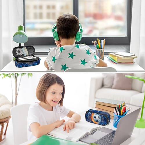 Image of Soccer Pencil Case for Boys, Large Capacity Pencil Pouch for Kids, Back to School Pencils Box Pen Bag with Zipper, Cool Pen Case Stationery Organizer for Middle Elementary School - Blue