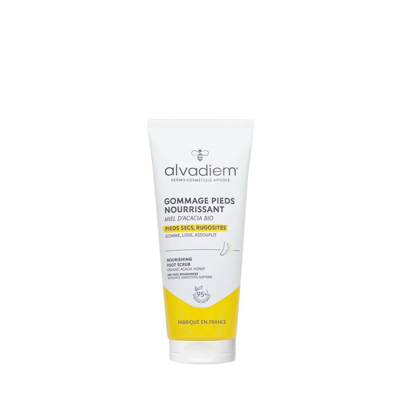 Alvadiem | Gommage Pieds Nourrissant Exfoliant Anti-Rugosités | Élimine Peaux Mortes, Corne, Callosités | Miel d'Acacia Bio, Noyaux d'Olive | 95% Naturel | Lot de 2 x 75 ml