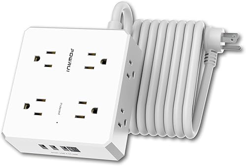 Regleta protectora de sobretensiones Cable de extensión de enchufe plano de 15 pies con 8 tomas amplias y 4 puertos USB (1 USB C), extensor de