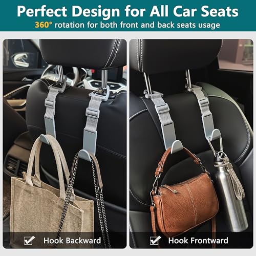 Image of Amooca 4 Pack Anti-drop Headrest Hooks Adjustable Car Seat Organizer | Universal Fit with Clip, Hanger for Backpack Umbrella Water Bottle Coat Purses Handbags Groceries, 40lb Heavy Duty, Gray