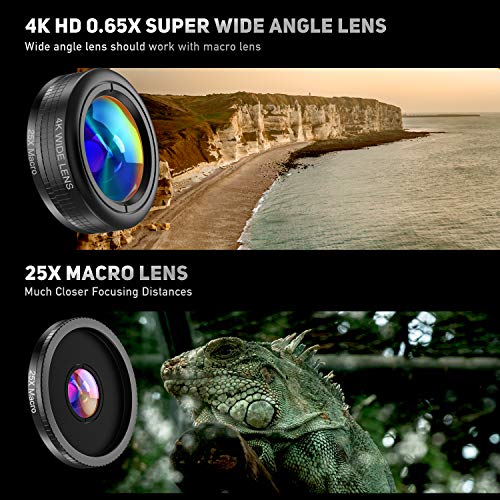 LIERONT Phone Camera Lens for iPhone Samsung Huawei, 25X Telephoto Lens, 4K HD 0.65X Wide Angle Lens & 25X Macro Lens(Screwed Together), 210° Fisheye Lens, Kaleidoscope Lens (Not Pro Camera) - Thumbnail 2