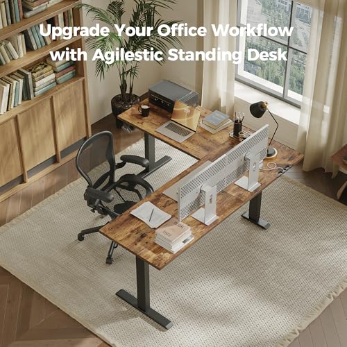 Image of Agilestic 63 x 55 Inch L Shaped Standing Desk Adjustable Height, Corner Standing Desk, Sit Stand Up Computer Table, Splice Board, Rustic Brown