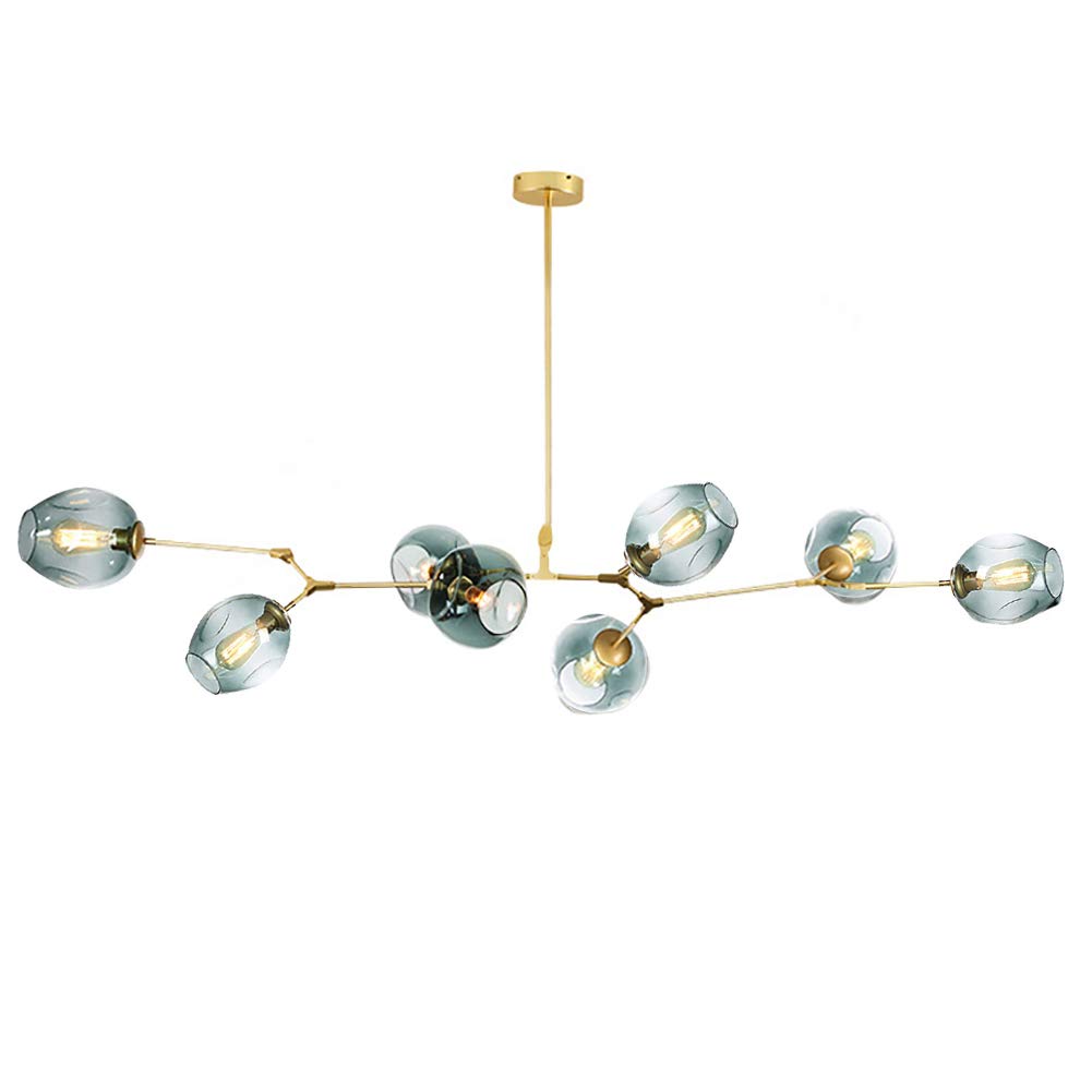 CSXSXAUO Adjustable Height Nordic Glass Ball Chandelier, Matte Black Pendant Light, 8-Light Mid Century Globe Fixture, E26 Metal Hand-Blown Branches, Blue Gold Finish, 71" Height.