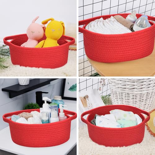 Image of ABenkle Small Basket with Handles, Boho Decorative Rope Woven Dog Cat Toy Storage Bin Shelf Storage Organizer, Easter Christmas Gift Basket, 12 inchx8 inchx5 inch