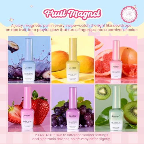 Image of Beetles Fruit Magnet Cat Eye Gel Nail Polish Set - 6 Colors Spring Gel Polish Kit Glitter Cat Eye Pink Purple Blue Yellow Green Magnetic Shine Soak Off UV Salon DIY Manicure Gift for Women