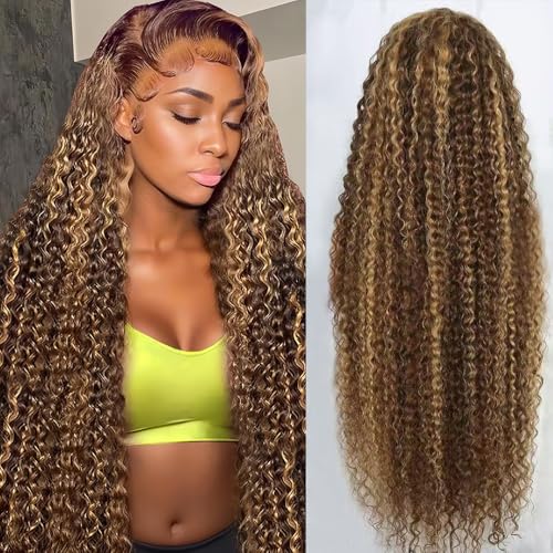Image of 34inch Highlight Ombre Lace Front Wig Human Hair 13x6 HD Honey Blonde 4 /27 Deep Wave Lace Frontal Wigs Glueless Wigs Human Hair (4 /27 Honey Blonde, 34inch)