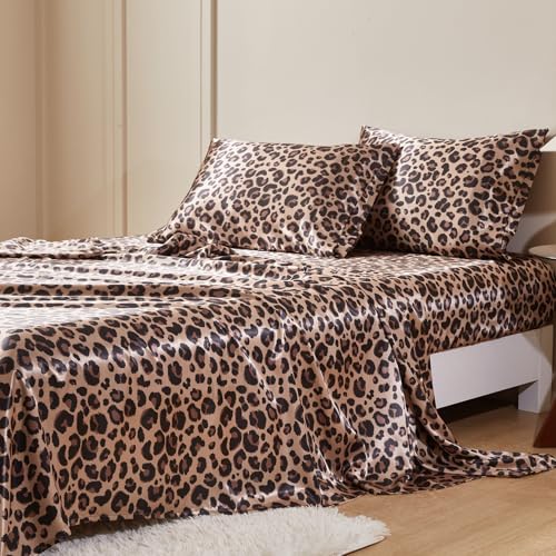 Image of MR&HM Satin Bed Sheets with Elastic Corner Straps, King Size Sheets Set, 4 Pcs Silky Bedding Set with 15 Inches Deep Pocket for Mattress (King, Brown Leopard)