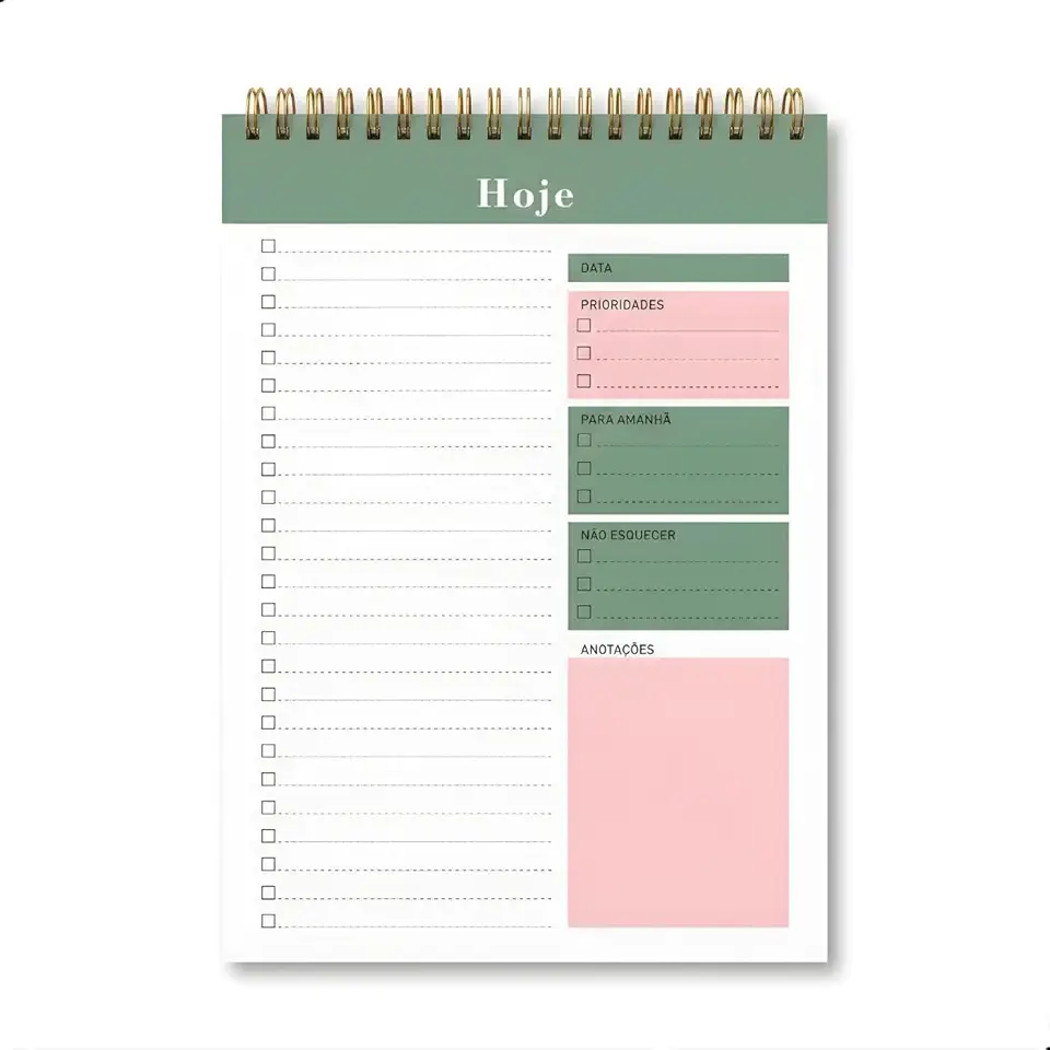 Planner Diário Vertical com Espiral – Bloco de Notas 50 Folhas com Checklist, Prioridades e Espaço para Anotações