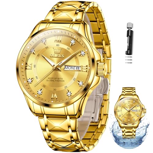 OLEVS Watch Men Gold Watches for Men Gold Mens Watches Gold Stainless Steel Watches Diamond Men Watches with Date Watches Mens Waterproof Watches Quartz Watch Roman Numerals Watches Reloj para Hombre