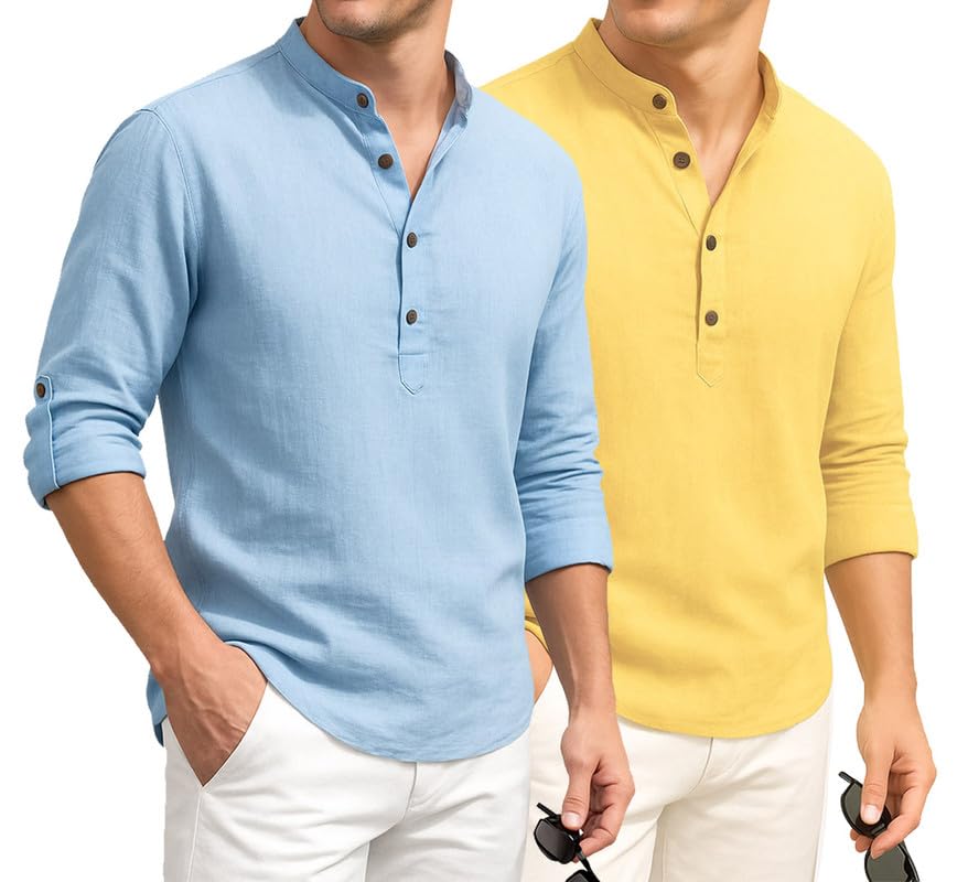 Image of DEELMO Combo of Men's Cotton Blend Solid Regular Fit Full Sleeve Short Kurta | Men's Trendy Short Kurta Pack of 2
