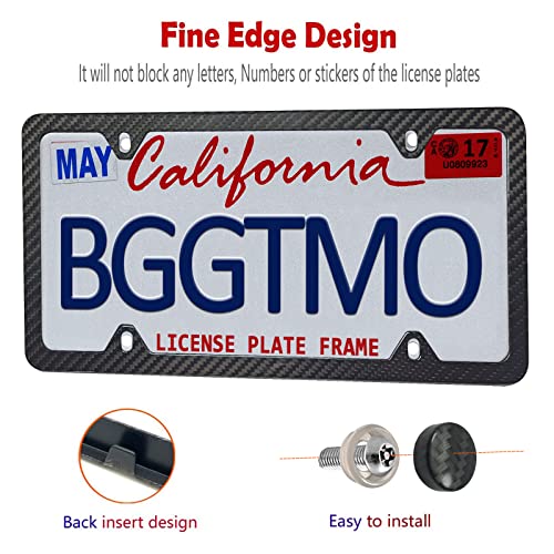 Image of BGGTMO Carbon Fiber License Plate Frame-Stainless Steel License Plate Frames Handmade Covering 100% Real Carbon Fiber | Stainless Steel Tamper Proof License Plate Screws, 4 Hole Slim Frame 1 Pack