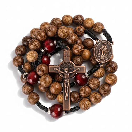 Nazareth Store Handmade Solid Wood Catholic Rosary Beads Olive & Dark Red Wood Mystery Beads Prayer Necklace with Antique Copper Miraculous Medal & Crucifix Spiritual Gift Warrior for Men