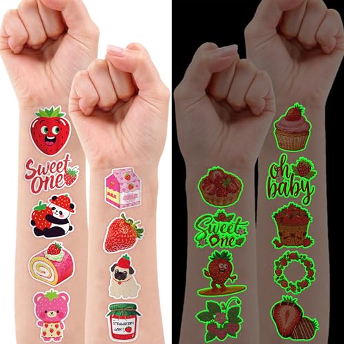 Image of 96 PCS Strawberry Berry Pre-Cut Glow in the Dark Temporary Tattoos for Kids | Luminous Super Cute 1st Themed Birthday Party Favors, Supplies, Decorations, Fake Tattoo Stickers Gifts for Boys Girls