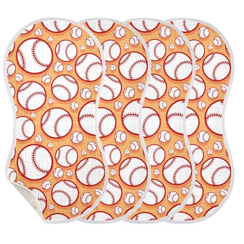 Image of JHKKU Muslin Burp Cloths for Baby Boys and Girls - 4-Pack Ultra Absorbent Baseball Muslin Washcloths, Newborn Towel, Milk Spit Up Rags, Burp Cloth Bib for Unisex, 22 x 11 Inch