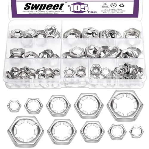 Swpeet Lot de 105 écrous de verrouillage en acier inoxydable 304 5 tailles M6 M8 M10 M12 M14 Assortiment d'écrous poussoirs à dents internes, écrous à douille