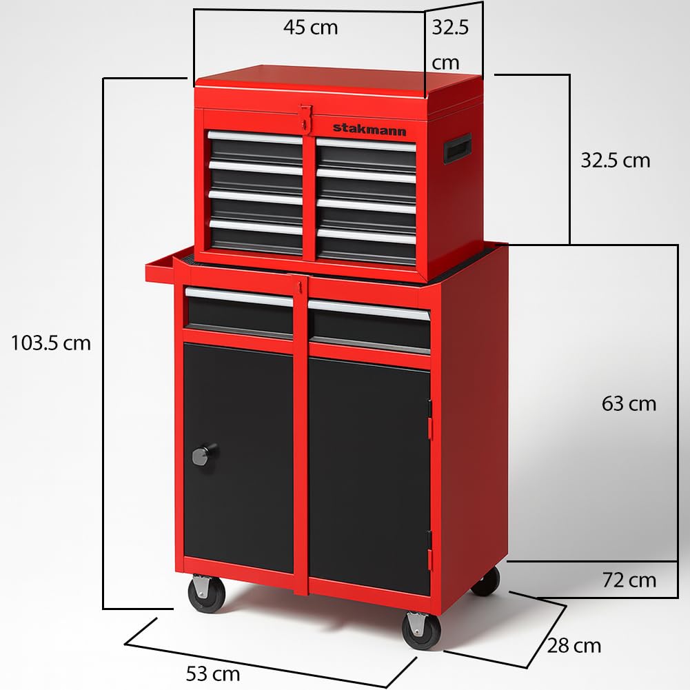 Carrello Portautensili 2in1 con 5 Cassetti e 1 Sportello, Carrellino in Acciaio per Attrezzi Multiuso, Armadietto Staccabile con Ruote, Ideale per Officine, Garage, Fai da Te 53 × 28 × 103,5