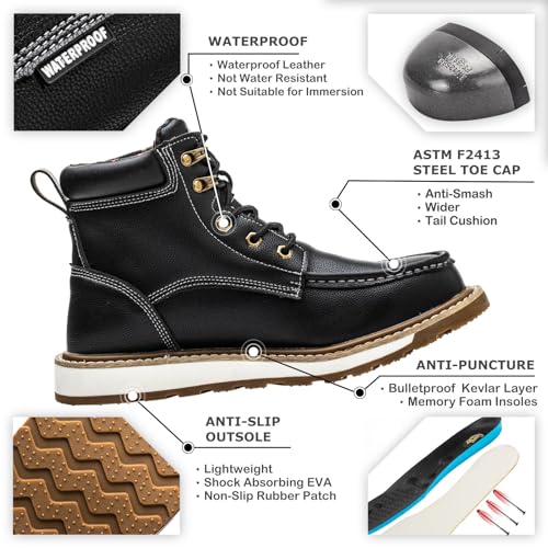 KELODON Waterproof Steel Toe Boots For Men-6" Leather Moc Toe Work Boots Mens Steel Toe Shoes Indestructible Non Slip Resistant Construction Safety Boot2