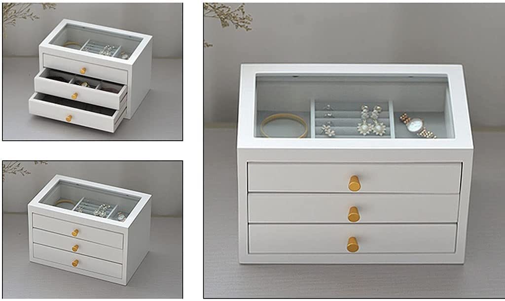 XBTGS Uhrenbox, Uhren-Organizer, Schmuckschatulle, Ohrringe, Halsketten, Uhren, Aufbewahrungsbox für Schreibtisch, 2/3 Schubladen, Massivholz, Glasabdeckung, Uhrenaufbewahrungsboxen, A-3 Schubladen, B