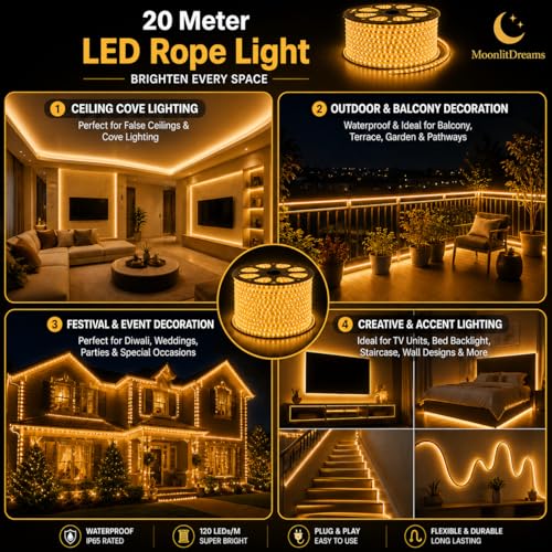 Image of MoonlitDreams 20 Meter LED Rope Light for Decoration - Waterproof Warm White SMD Cove Light for Ceiling, Home Decor, LED Pipe Light for Diwali, Festival, Indoor, Outdoor Use