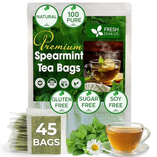 Image of FreshDrinkUS, Premium 45 Spearmint Tea Bags, 100% Natural Spearmint Leaves. Loose Leaf Spearmint Herbal Tea. Spearmint Leaf Tea. No Sugar, No Caffeine, No Gluten, Vegan.