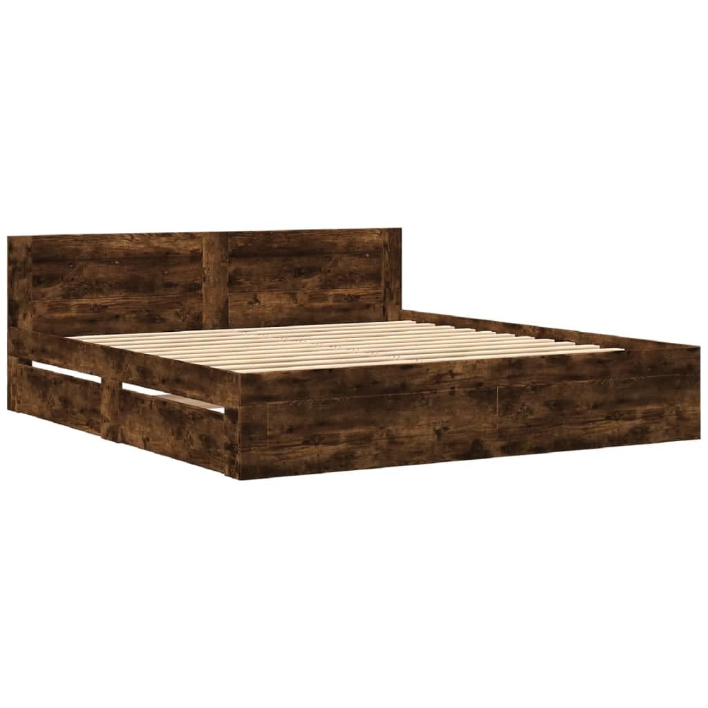 vidaXL King Size Bed Frame with Headboard 180x200 cm - Smoked Oak, Engineered Wood, Slatted Base, Storage Drawers