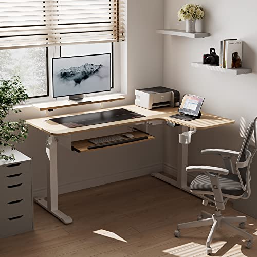Eureka Ergonomic L Shaped Standing Desk With Keyboard Tray, 61" Electric Height Adjustable Computer Desk With Monitor Stand & Led Strips, Dual Motor Sit Stand Up Corner Gaming Desk, Right/Maple #TOP3