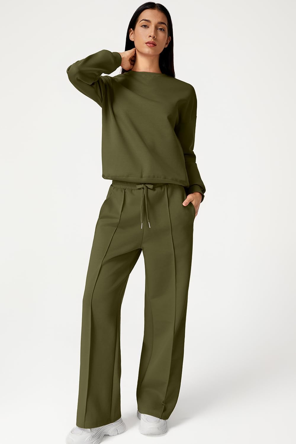 QINSEN 2 Piece AirCotton Outfits Sweatsuits Long Sleeve Pullover Sweatshirt Wide Leg Sweatpant with Pockets Tracksuit - Image 2