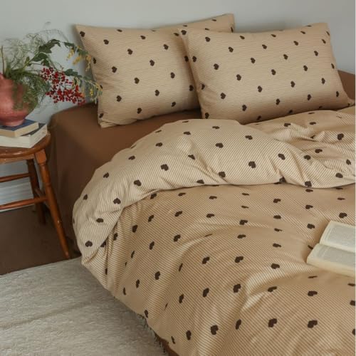Image of Heart Duvet Cover Twin Size Brown Hearts Vertical Ticking Striped Bedding Set Vintage Striped Love Heart Soft Breathable Microfiber Duvet Cover Set with Zipper Closure and 1 Pillowcase