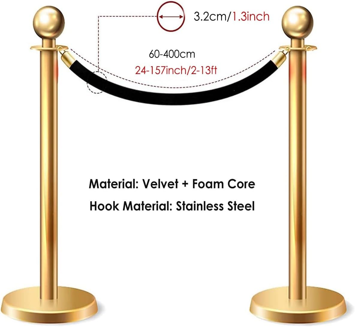 Black Velvet Rope Barrier with Polished Snaps, 3ft Stanchion Queue Rope for Crowd Control, Elegant Queue Pole Barrier for Events and Red Carpet, Gold Accents