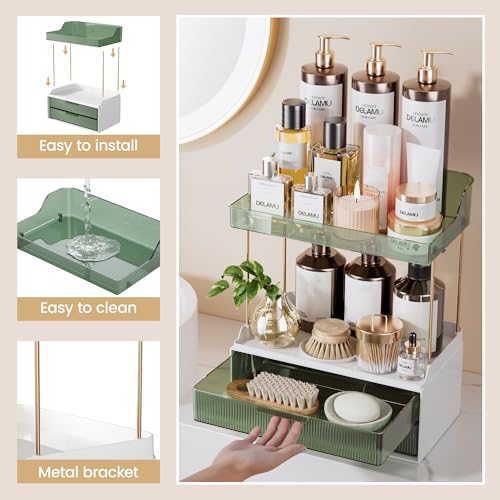 Image of Delamu 4-Tier Makeup Organizer, Bathroom Counter Storage, 2 Drawers,Green