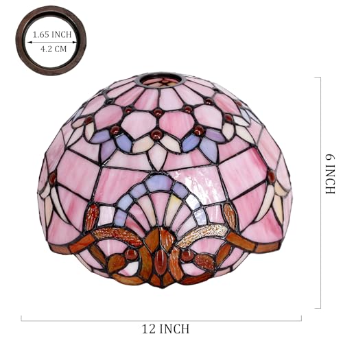 Image of 12 Inch Tiffany Lamp shade Replacement Only(Pink Baroque) | Stained Glass Lampshade Only 1-5 /8-Inch Fitter Opening for Arched Floor Lamp, Torchiere Lamp, Pendant Light
