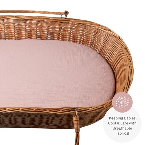 Image of Muslin Bassinet Sheets for Dream On Me, Baby Delight Snuggle Nest, Graco, UPPAbaby, Snoo, Primo Bassinet by TansyPanda, 3PC, 16x32 Inch, Skin Friendly, Ultra Soft, Breathable, Unisex Boys Girls, Pink