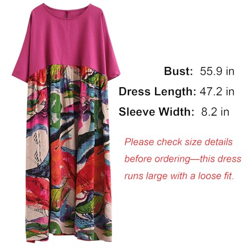 Image of Women's Oversized Dress Plus Size Summer Dress Artsy Print Pathwork | Loose, Oversized Cut Baggy Dresses. O Neck with Pockets. Breathable Viscose Fabric for Summer. Colorful Print Patchwork