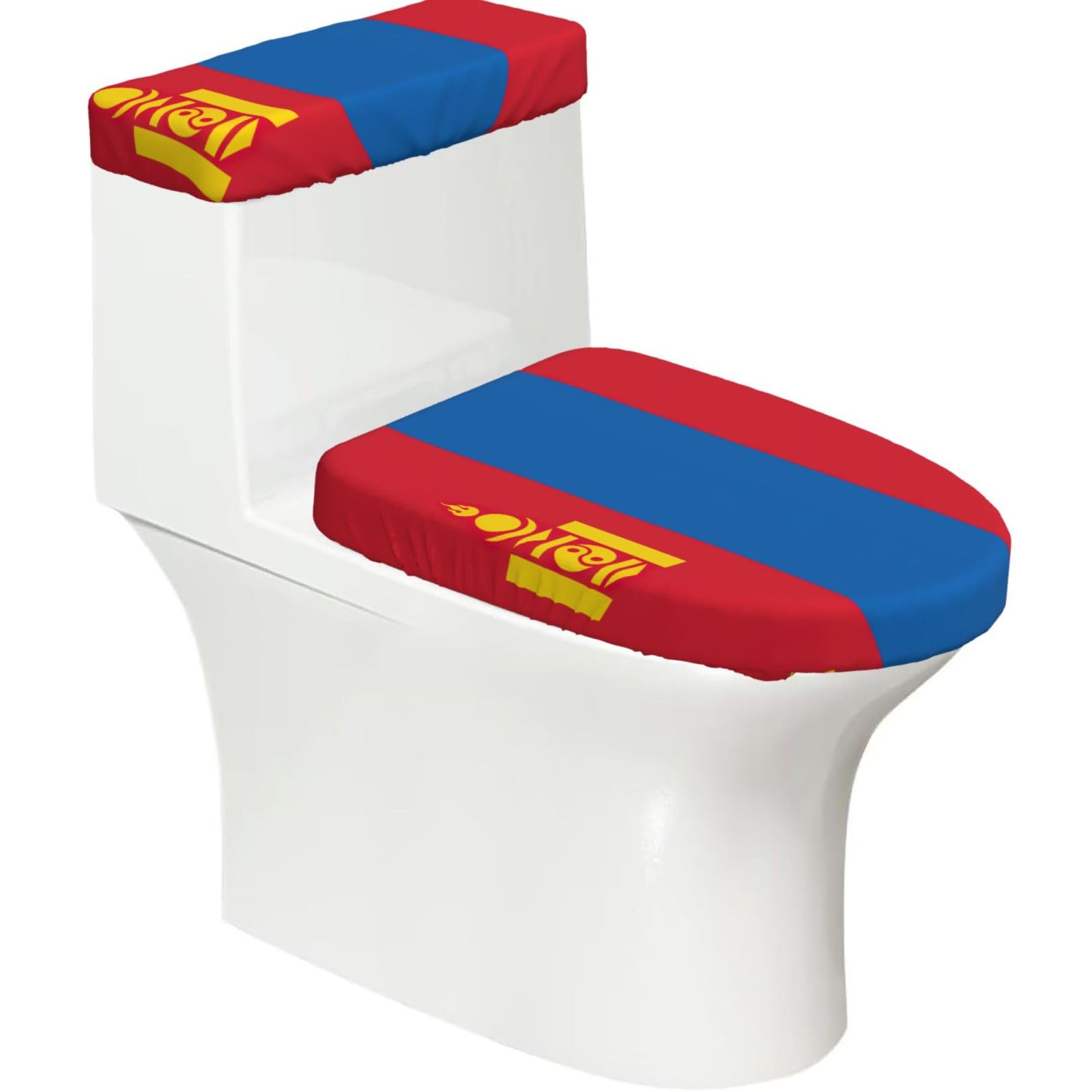 Mongolian Flag Print 2-Piece Stretch Toilet Cover Set, Elastic Breathable Toilet Seat and Tank Lid Protector