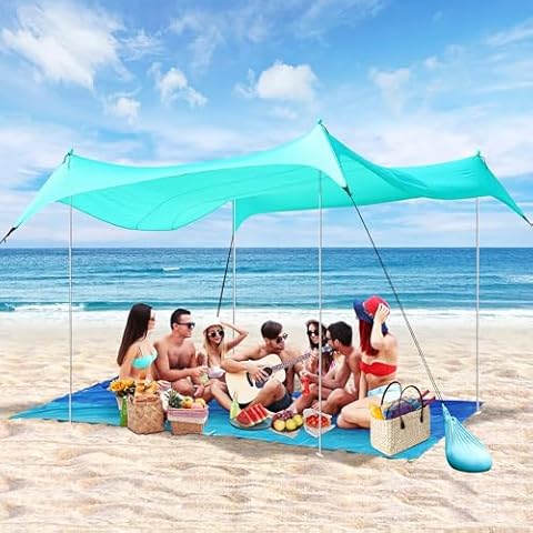 Beach Canopy UPF 50+UV Protection, 10X10 FT Potrtable Shade Canopy for 6-8 People, with Sand Shovel, Pole Anchor, Ground Pegs and Poles for Family Beach Tent Cover