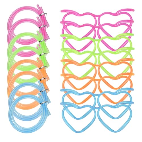 8PCS Straw Glasses Drinking Eyeglasses Silly Straws Glass Loop in Cute Heart Reusable Party Tubes for Adults Fun Plastic Covers Cap for Birthday Party Games Annual Meeting DIY Events (4 Colors)