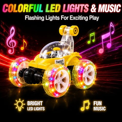 Image of Rechargeable 360 Stunt Remote Control Car for Kids with LED Lights, USB Charging, Anti-Skid Rubber Tires, 4WD RC Toy Car Indoor Outdoor Toy Gift for Boys Girls Age 3 4 5 6 7+ Years 9802Yellow