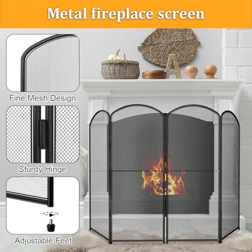 Pantalla de chimenea de 4 paneles de metal negro plegable 5