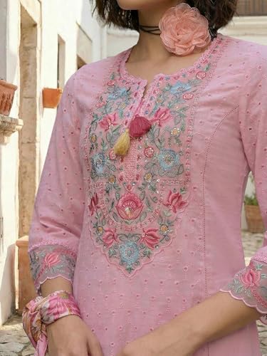 Image of INDO ERA Women's Pure Cotton Floral Embroidered Straight Calf Length Kurta with Pant & Dupatta Set (IERAI10721)