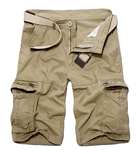 ZKOO Cortos Pantalones de Carga Hombres Multi-Bolsillo Bermuda Cortos Deporte Shorts Casual Clásico Caqui