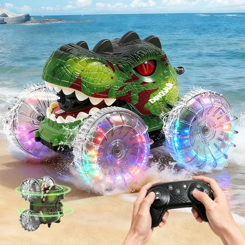 Muakiz Dinosaurier Amphibienfahrzeug Ferngesteuert Auto: 4WD RC Auto mit Wasserpistole - IPX7 Wasserdicht 360Drehung 2.4GHz - Dino Kinderspielzeug mit ab 6-12 Jahre für Outdoor Geburtstagsgeschenk