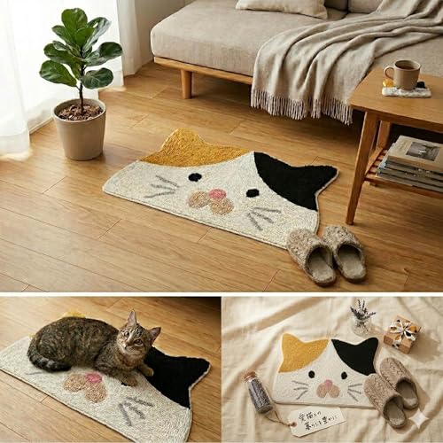 Neko Friend 室内マット 玄関マット 足ふきマット バスマット 室内用 玄関 洗面所 子ども部屋 動物 アニマル 洗面台前 玄関用ラグ セミサークル ミケネコ 35×70cm [5]